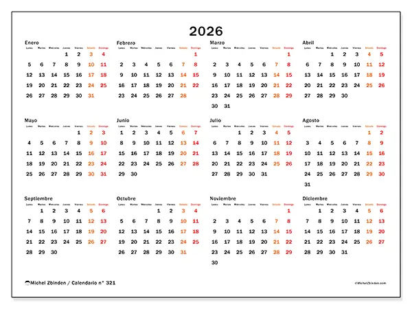 Calendario anual 2026 para imprimir - Fin de semana destacado
