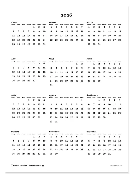 Calendario anual 2026 para imprimir - Vista general - Semana de domingo a sábado