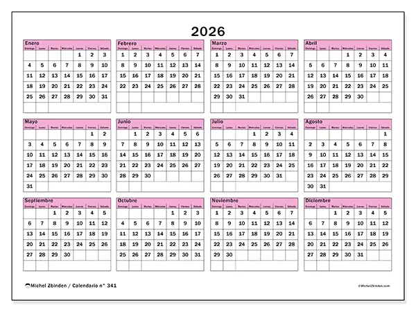 Calendario anual 2026 para imprimir - Planificación y previsión - Semana de domingo a sábado