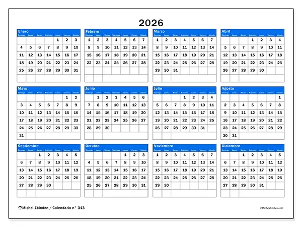 Calendario anual 2026 para imprimir - Visión estratégica - Semana de domingo a sábado