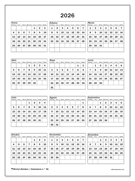 Calendario anual 2026 para imprimir - Fiestas familiares - Semana de domingo a sábado
