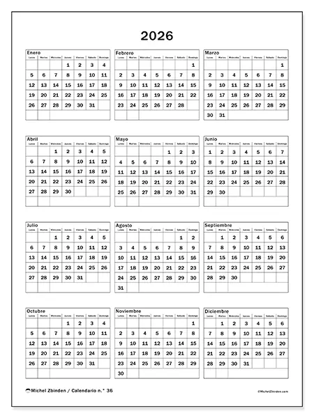 Calendario anual 2026 para imprimir - Fiestas familiares