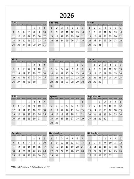 Calendario anual 2026 para imprimir - Sobrio y profesional - Semana de domingo a sábado