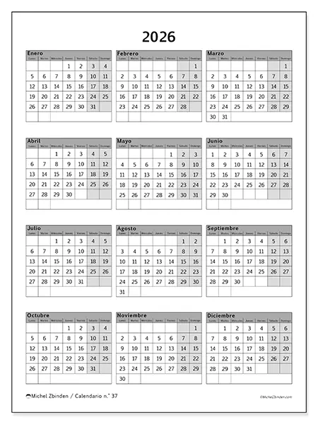 Calendario anual 2026 para imprimir - Sobrio y profesional