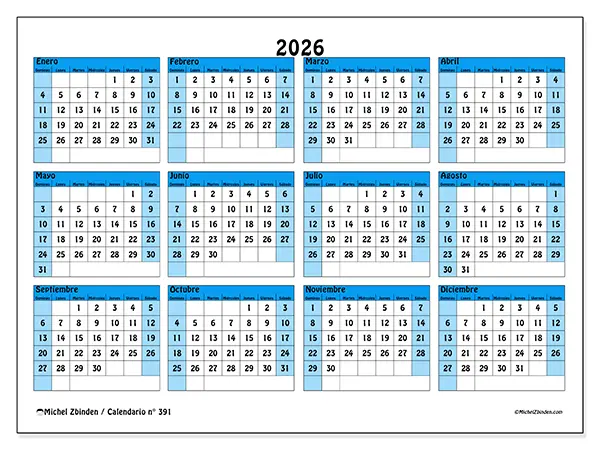 Calendario anual 2026 para imprimir - Organización en color - Semana de domingo a sábado