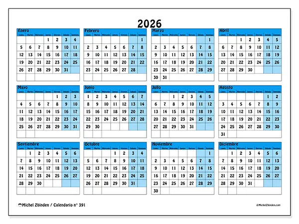 Calendario anual 2026 para imprimir - Organización en color