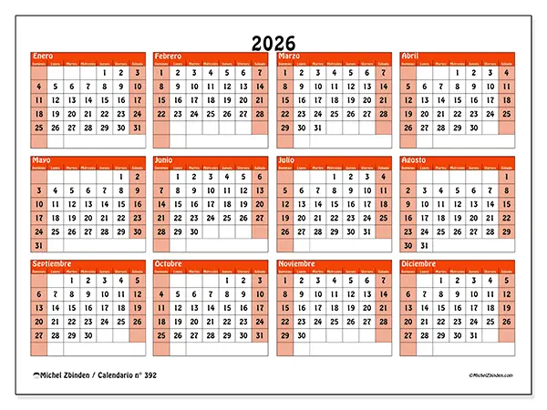 Calendario anual 2026 para imprimir - Planificación colorida - Semana de domingo a sábado