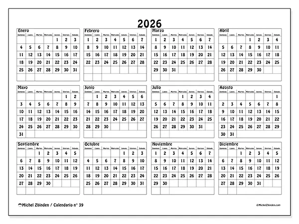 Calendario anual 2026 para imprimir - Escuela y estudios - Semana de domingo a sábado