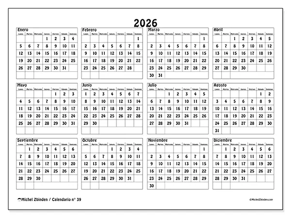 Calendario anual 2026 para imprimir - Escuela y estudios