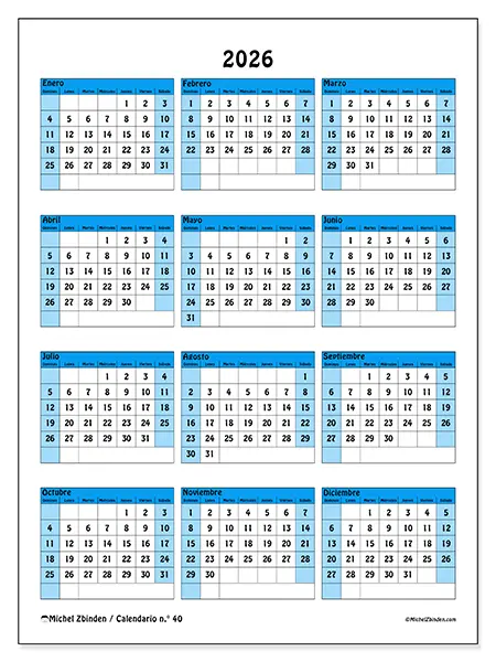 Calendario anual 2026 para imprimir - Organización colorida - Semana de domingo a sábado
