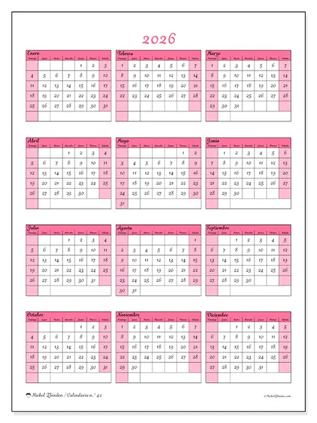 Calendario anual 2026 para imprimir - Dulzura y encanto - Semana de domingo a sábado