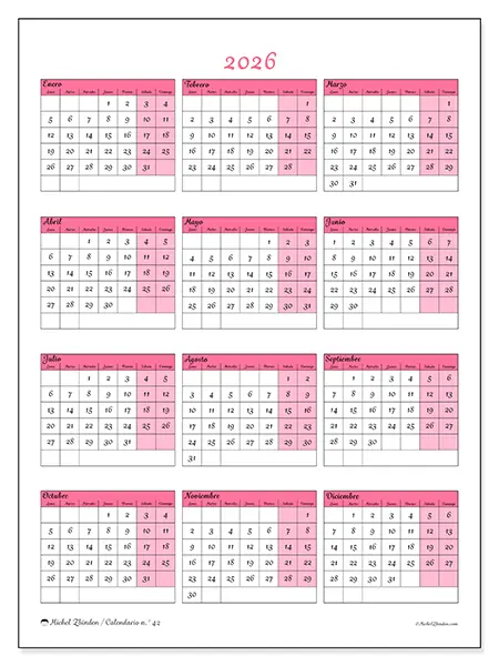 Calendario anual 2026 para imprimir - Dulzura y encanto