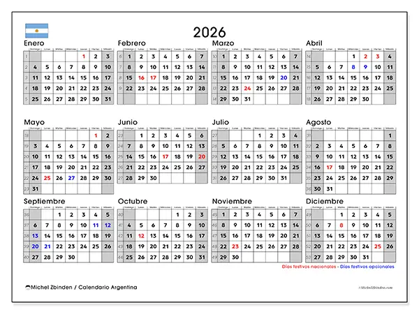 Calendario anual 2026 para imprimir - Argentina