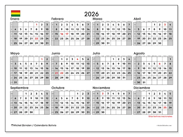Calendario anual 2026 para imprimir - Bolivia