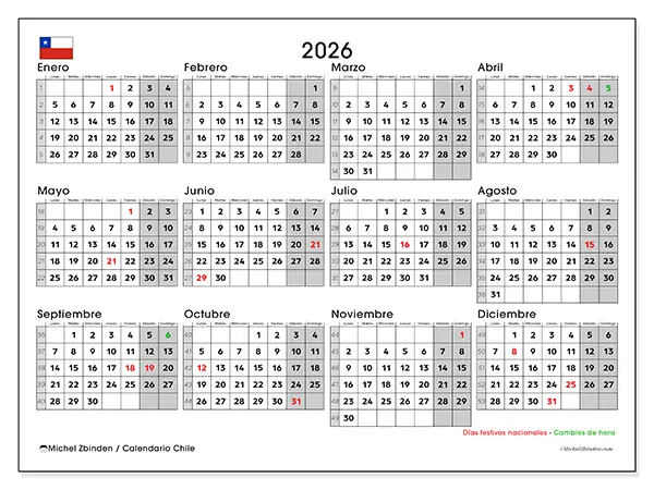 Calendario anual 2026 para imprimir - Chile