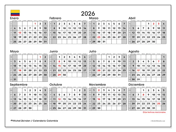 Calendario anual 2026 para imprimir - Colombia