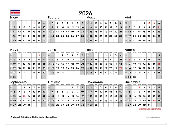 Calendario anual 2026 para imprimir - Costa Rica