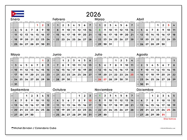 Calendario anual 2026 para imprimir - Cuba