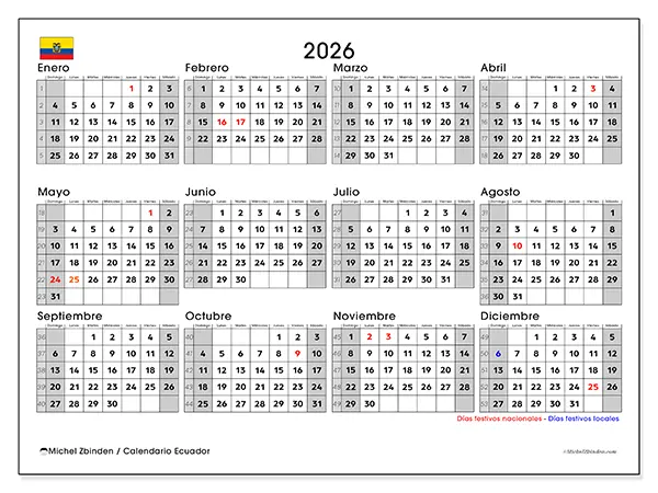 Calendario anual 2026 para imprimir - Ecuador