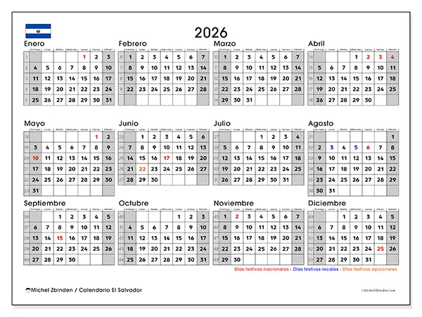 Calendario anual 2026 para imprimir - El Salvador