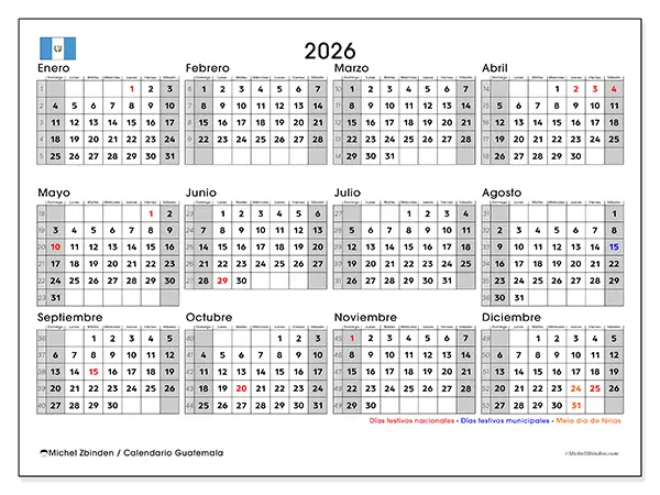 Calendario anual 2026 para imprimir - Guatemala