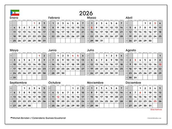 Calendario anual 2026 para imprimir - Guinea Ecuatorial