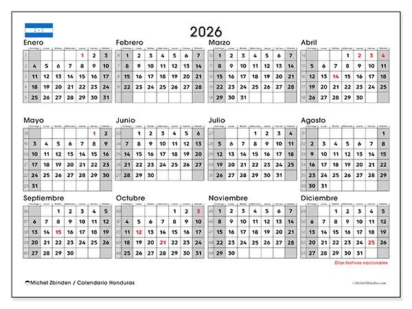 Calendario anual 2026 para imprimir - Honduras