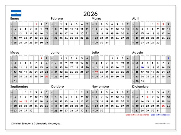 Calendario anual 2026 para imprimir - Nicaragua