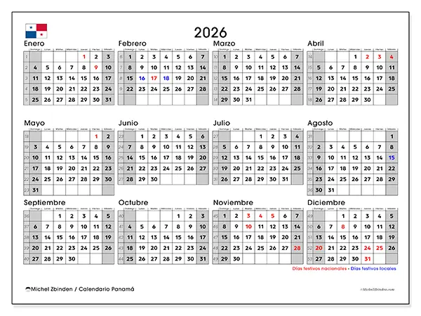Calendario anual 2026 para imprimir - Panamá