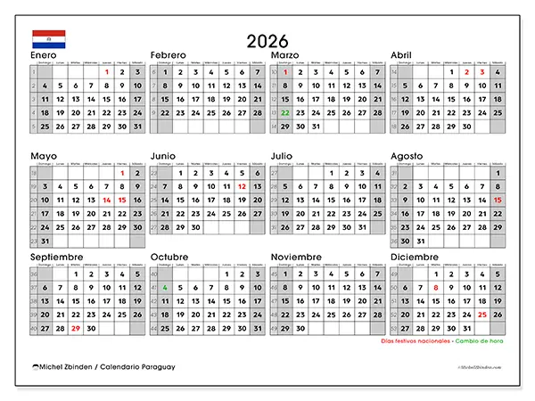 Calendario anual 2026 para imprimir - Paraguay