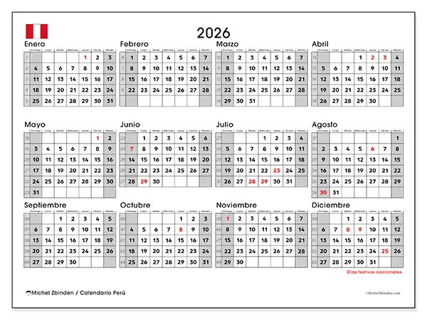 Calendario anual 2026 para imprimir - Perú
