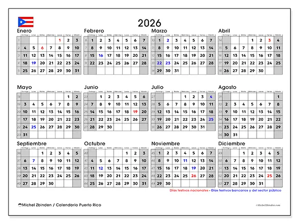 Calendario anual 2026 para imprimir - Puerto Rico