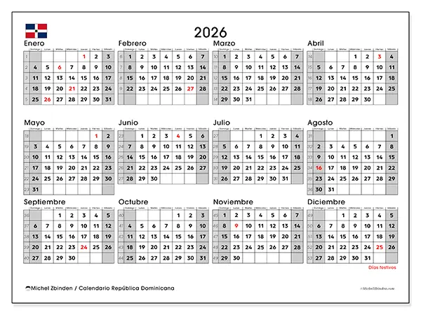 Calendario anual 2026 para imprimir - República Dominicana
