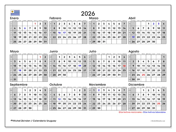 Calendario anual 2026 para imprimir - Uruguay