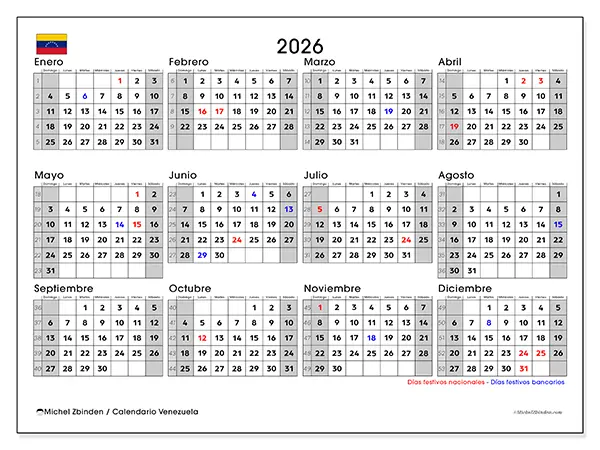 Calendario anual 2026 para imprimir - Venezuela