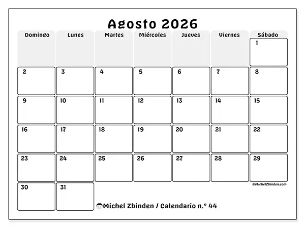 Calendario de agosto de 2026 para imprimir - Planificación estructurada - Semana de domingo a sábado