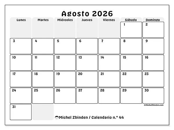 Calendario de agosto de 2026 para imprimir