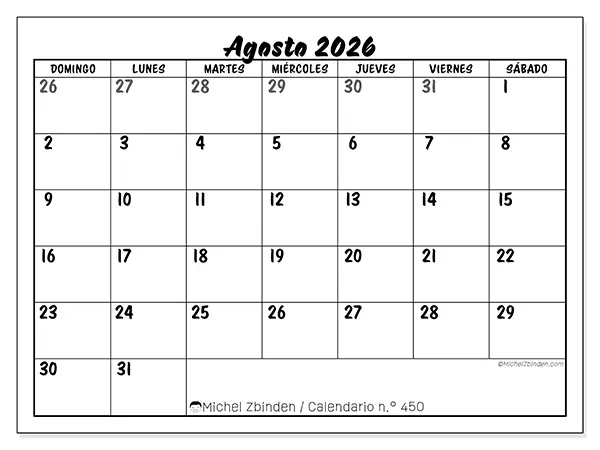 Calendario de agosto de 2026 para imprimir - Organización detallada - Semana de domingo a sábado