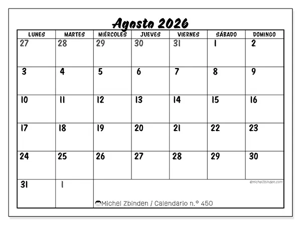 Calendario de agosto de 2026 para imprimir - Organización detallada