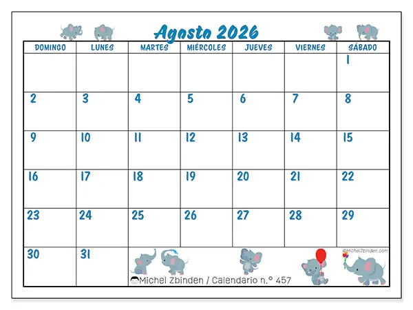 Calendario de agosto de 2026 para imprimir - Pequeños elefantes - Semana de domingo a sábado