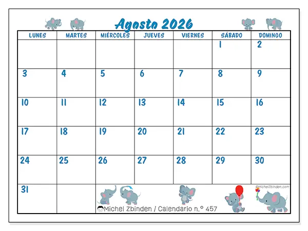 Calendario de agosto de 2026 para imprimir - Pequeños elefantes