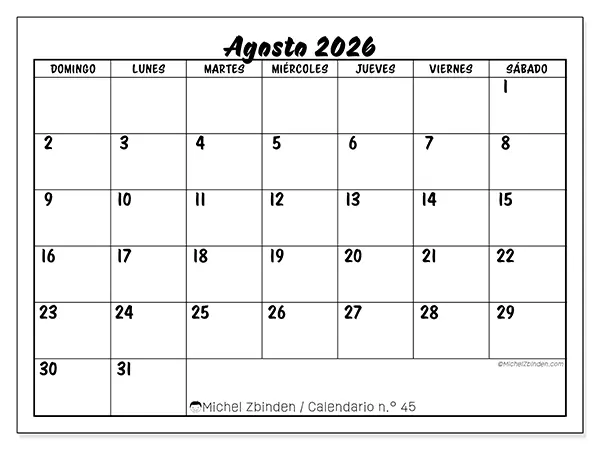 Calendario de agosto de 2026 para imprimir - Éxito escolar - Semana de domingo a sábado