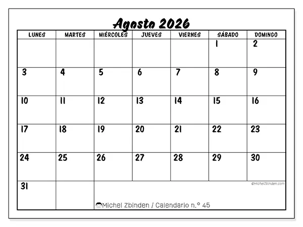 Calendario de agosto de 2026 para imprimir - Éxito escolar