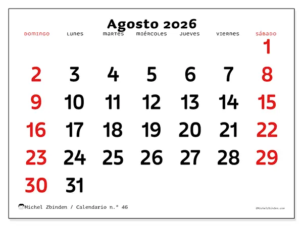 Calendario de agosto de 2026 para imprimir - Visión clara - Semana de domingo a sábado
