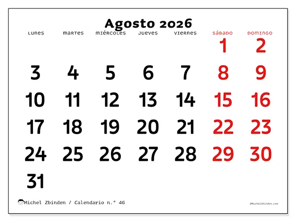 Calendario de agosto de 2026 para imprimir - Visión clara