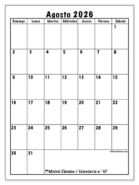 Calendario de agosto de 2026 para imprimir - Planificación eficiente - Semana de domingo a sábado