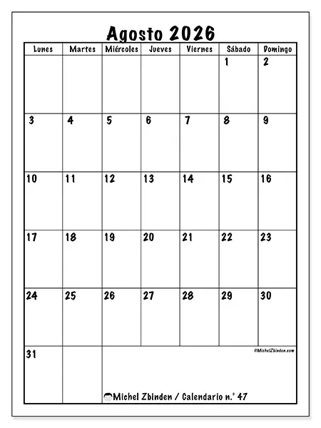 Calendario de agosto de 2026 para imprimir - Planificación eficiente