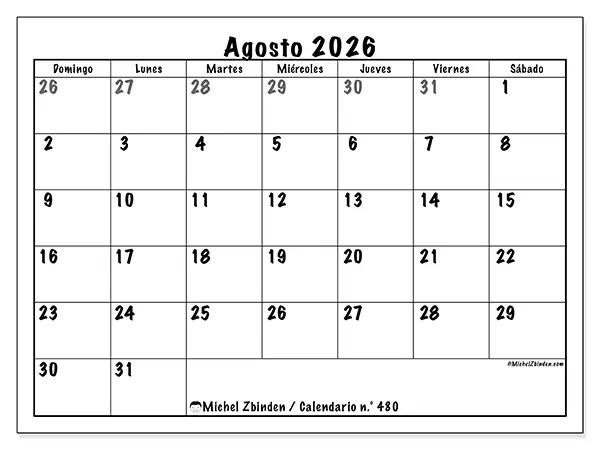 Calendario de agosto de 2026 para imprimir - Planificación completa - Semana de domingo a sábado