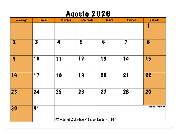 Calendario de agosto de 2026 para imprimir - Planificación dinámica - Semana de domingo a sábado