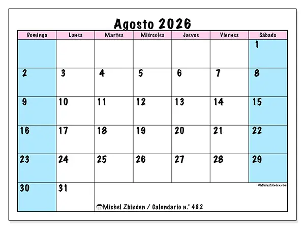 Calendario de agosto de 2026 para imprimir - Horario de equipo - Semana de domingo a sábado